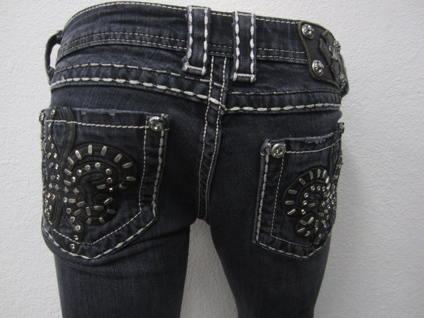 MINT MISS ME SKINNY JE604854L JEANS DARK WASH BLING FLEUR DE LIS SEXY SZ 27x33.