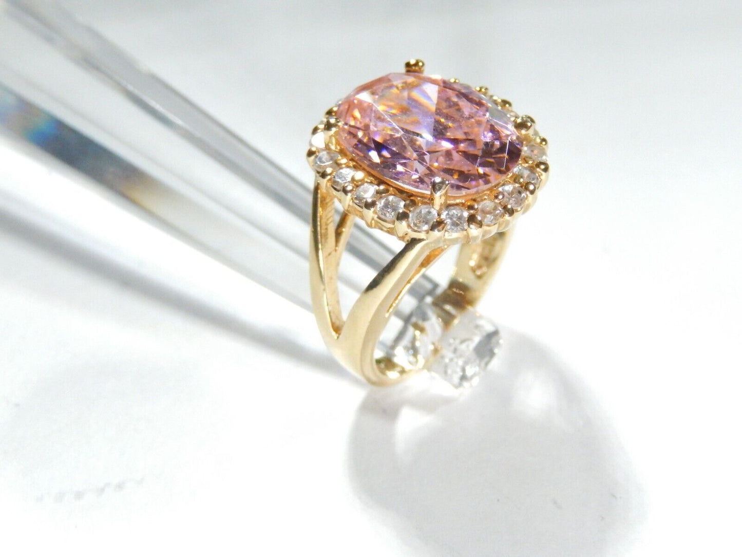 *VINTAGE* Sterling Gold Vermeil CZ Pink & White 13.0CT Oval Cocktail Ring Sz 6.5