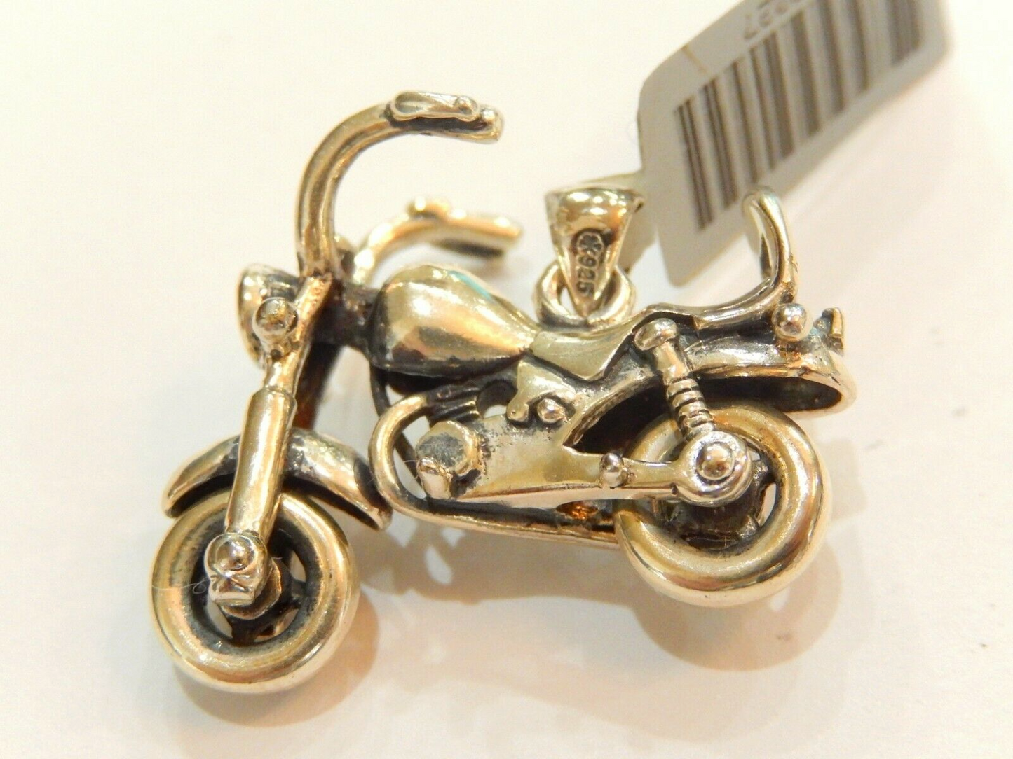 *VINTAGE*  HEAVY  Sterling Silver 3D Motorcycle w/Spinning Wheels Pendant