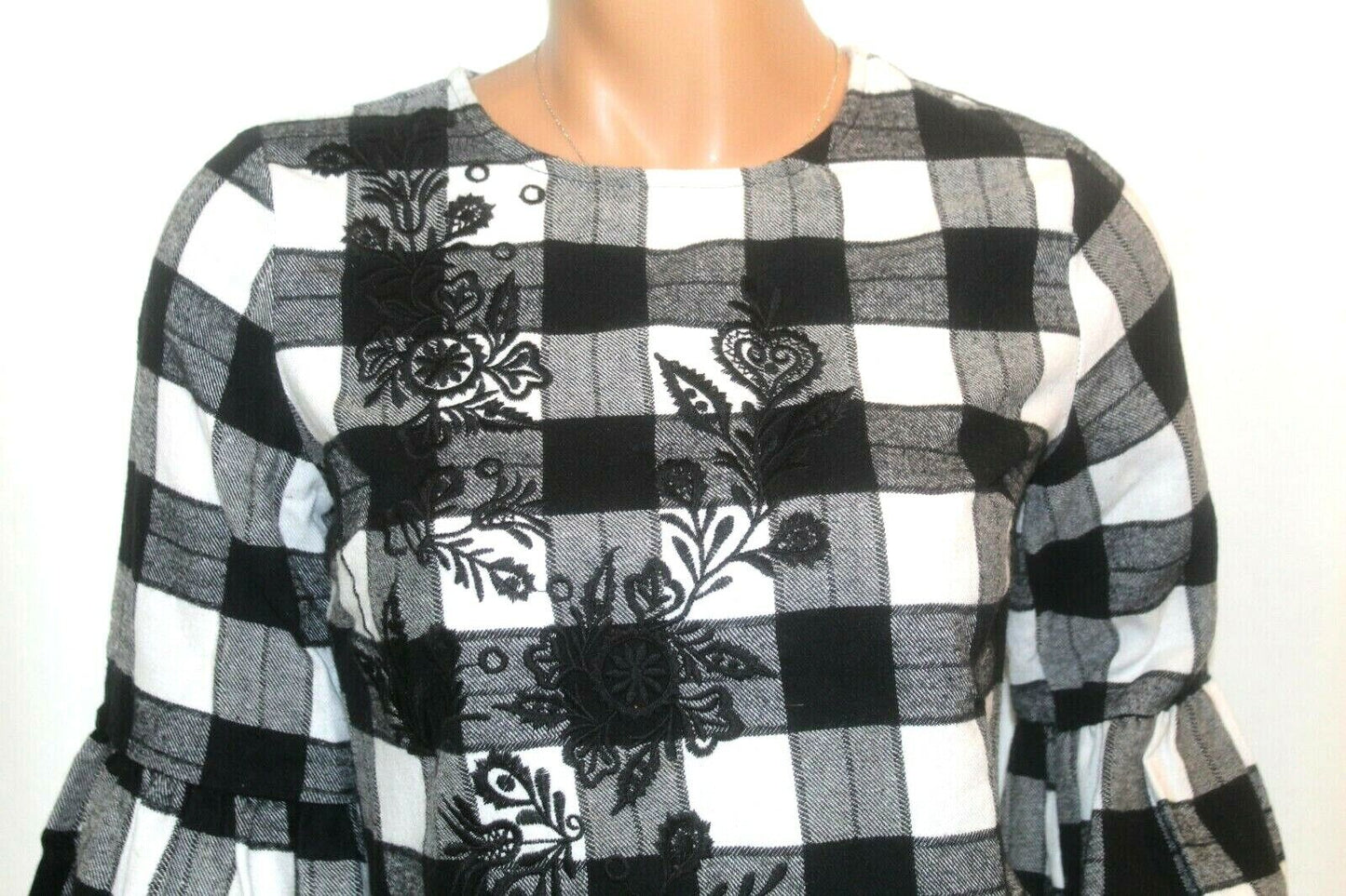 *MINT* Rebellion Again Flannel Bell 3/4 Sleeve Floral Embroidery Plaid Blouse S
