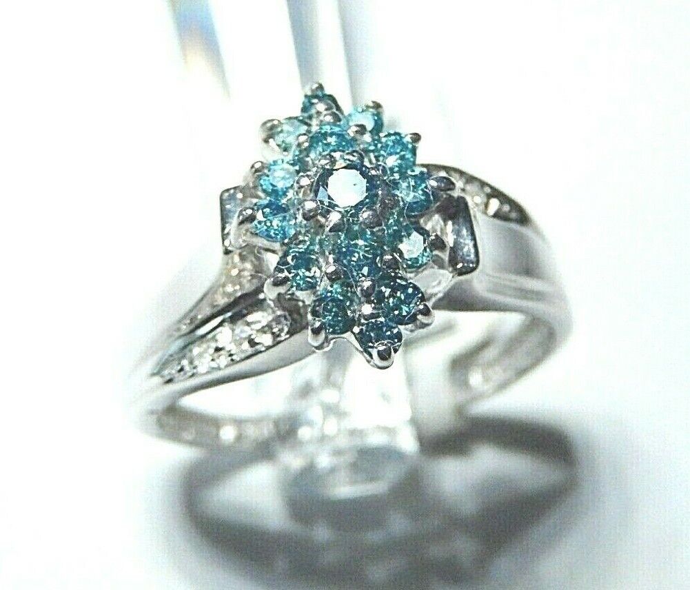 *NWT*14K White Gold .50CTW Blue Diamond Cocktail Cluster Ring Size 10.25