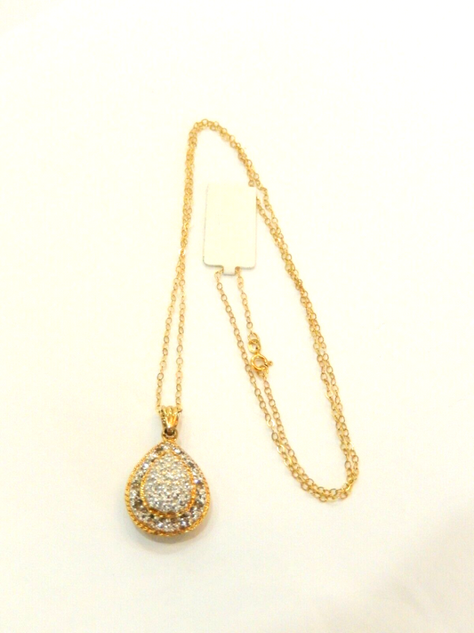 LARGE - 10K Yellow Gold  Diamond Cluster Halo Teardrop Pendant w/20" Chain