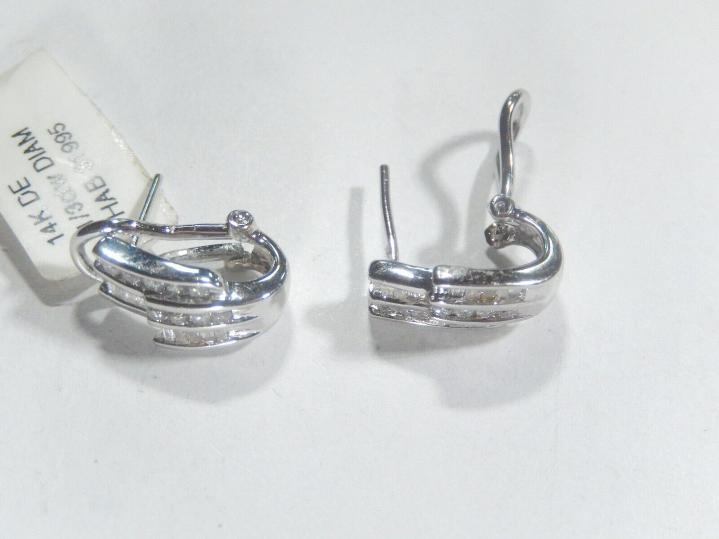 14K White Gold .33CT Round & Baguette Natural Diamond Hoop Leverback Earrings