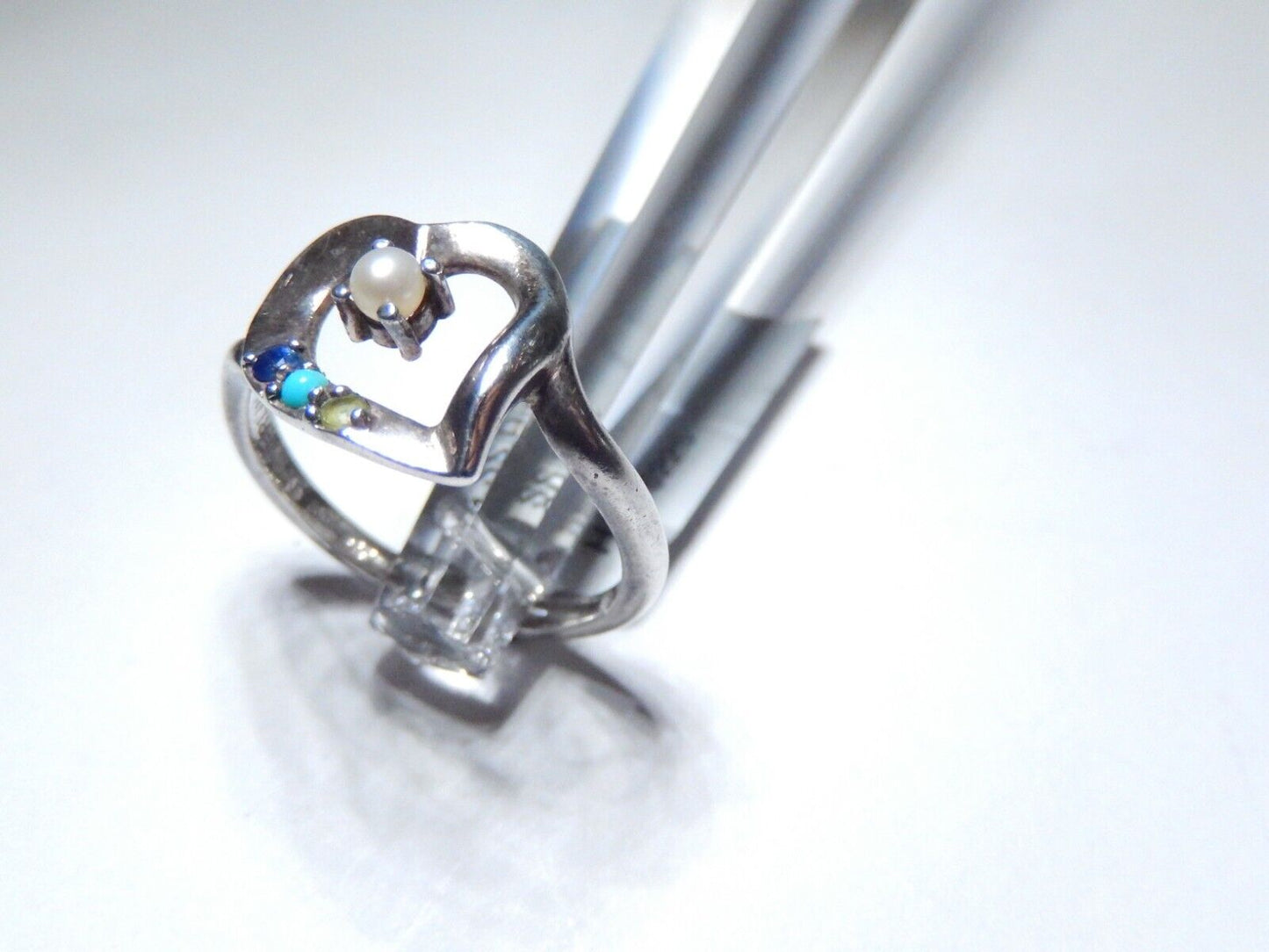 *VINTAGE*  OPEN HEART PEARL & GEMSTONE STERLING SILVER 925 RING SIZE 8.5