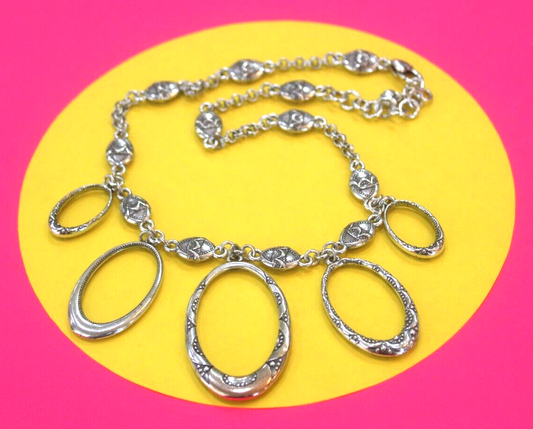 BRIGHTON Silver Tone Filigree & Chain Link Necklace Oval Dangles 15"-18"