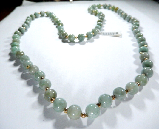 *VINTAGE*  14k Yellow Gold Ball Chinese 8mm Green Jade Bead 30" Necklace