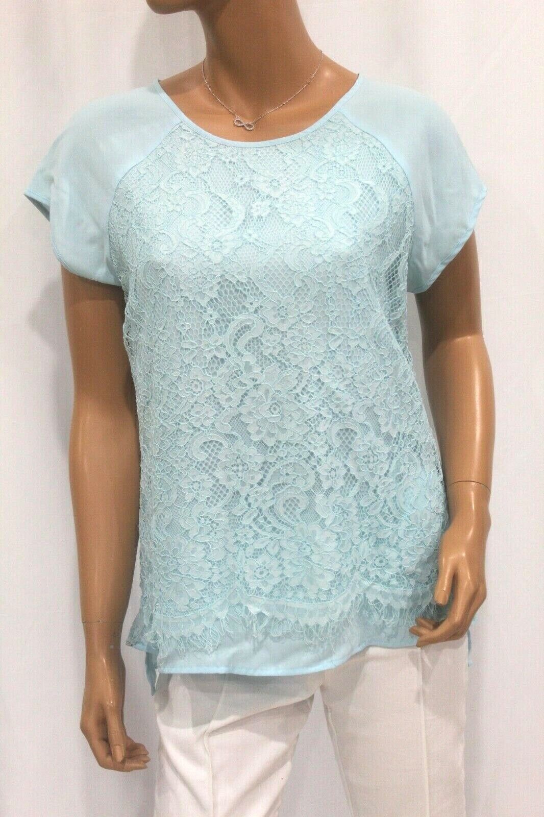 CHICO’S Blue Lace Front Short Sleeve Blouse With Fringe Lace Hem SIZE 1 - CUTE