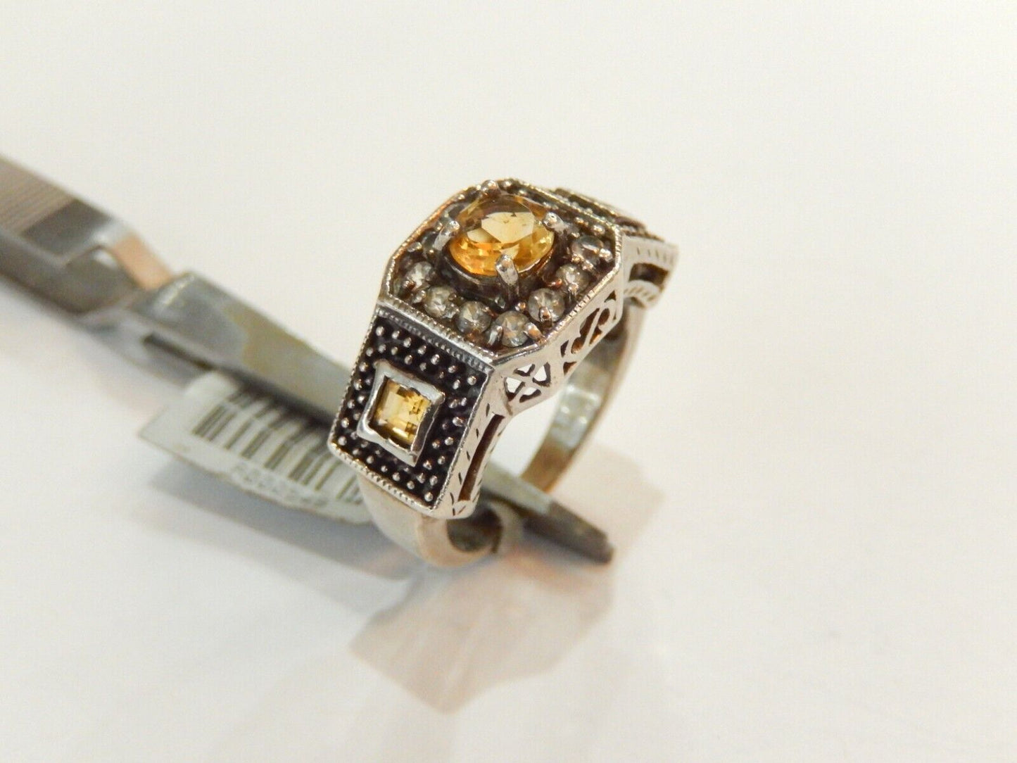 *VINTAGE* Gorgeous Vintage Art Deco  Sterling Silver Citrine & Cz  Ring SZ 9.25
