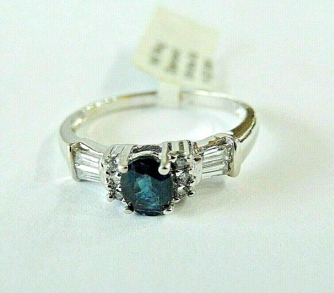 *NWT* 14K White Gold Natural Blue Sapphire & Baguette Cut Diamond  Ring Sz 7.25