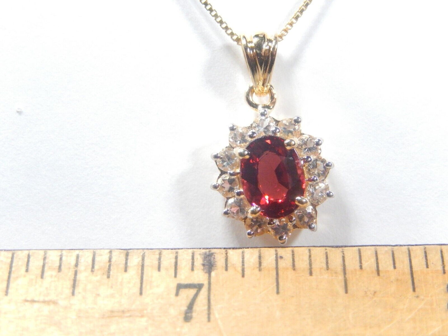14K Yellow Gold 2.00 Ct Oval Cut Red Garnet & 12 CZ Pendant w/18"chain