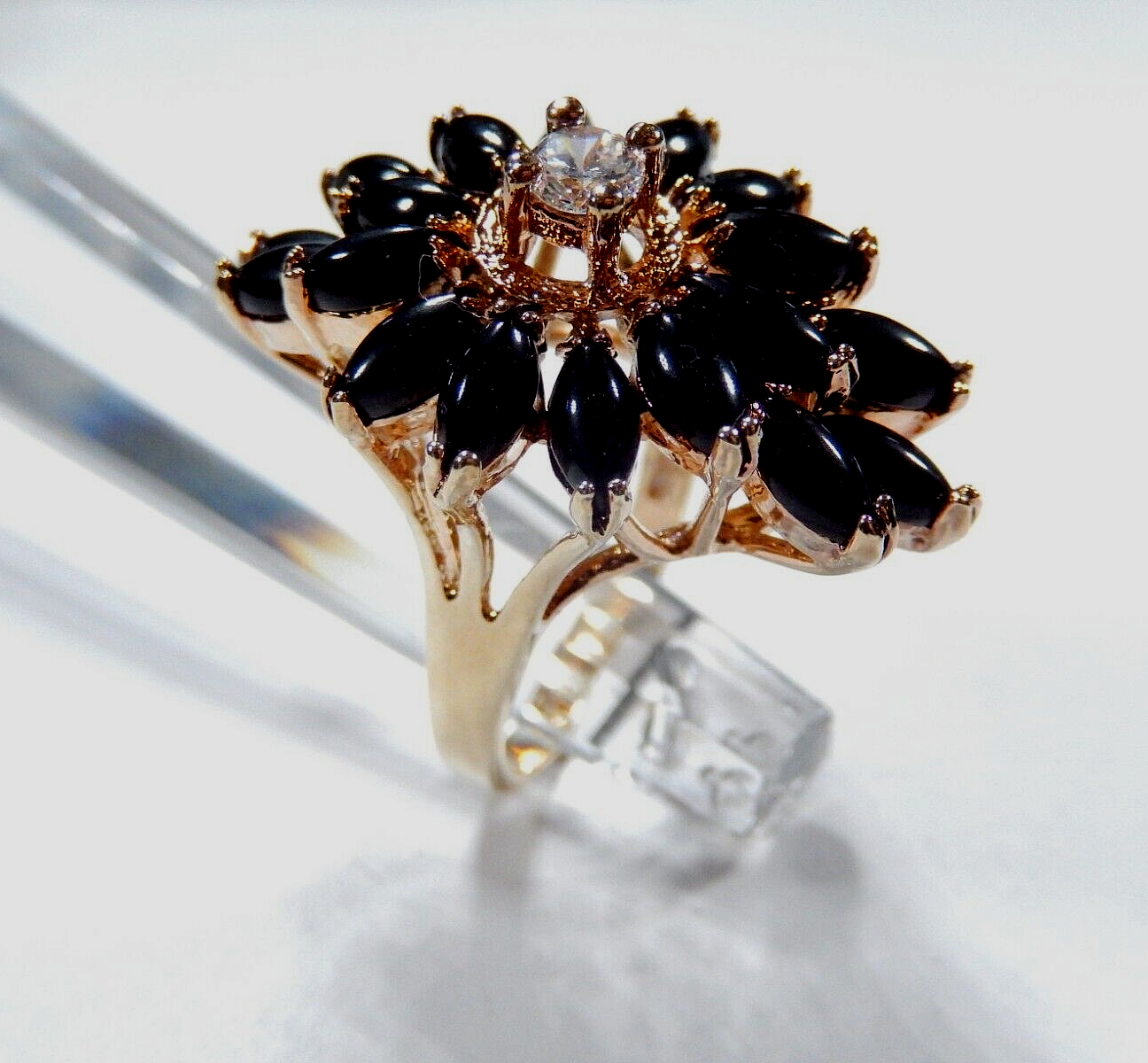 *VINTAGE*   STATEMENT RING - Gold Vermeil Sterling Marquise Onyx & Cz Size 7.5