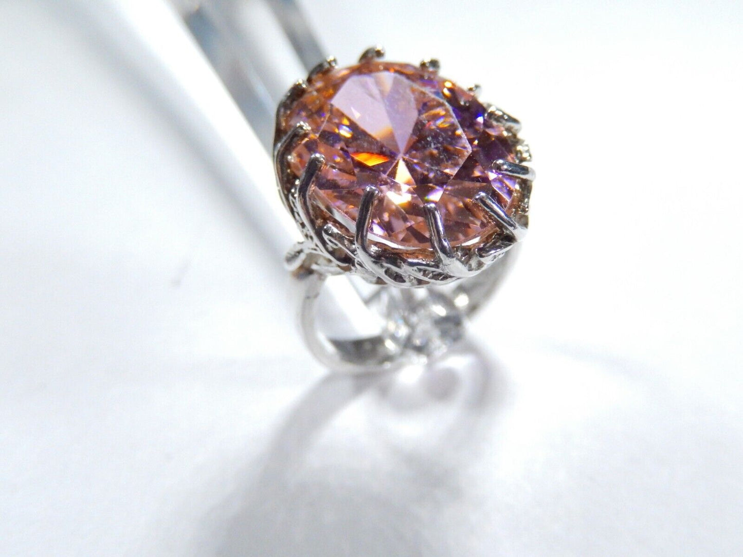 HUGE-  .925 Sterling Silver 13.0 CT Statement Ring Pink CZ Cocktail Ring sz 8