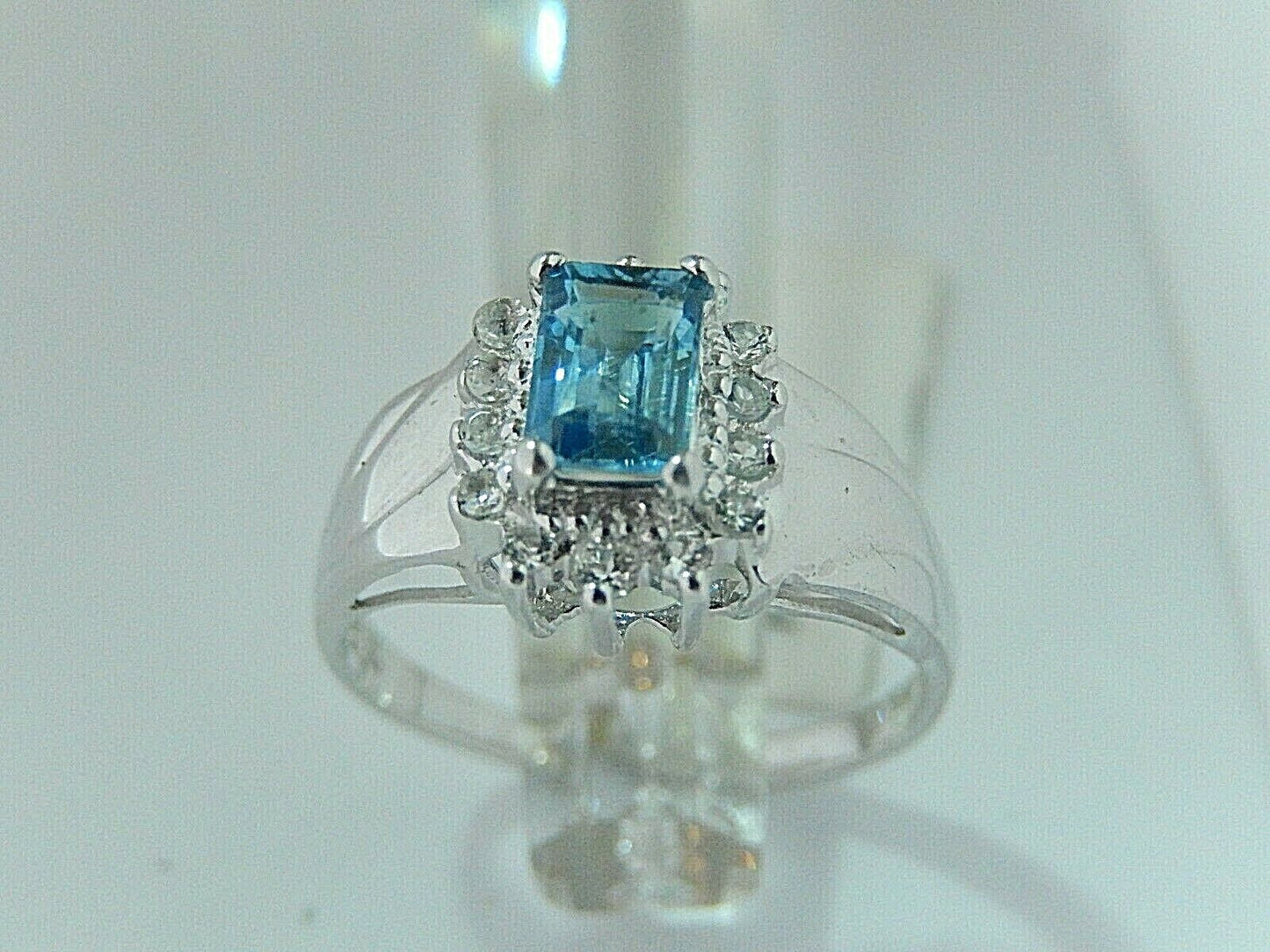 14K WHITE GOLD EMERALD CUT BLUE TOPAZ & DIAMOND HALO RING Sz 7.5