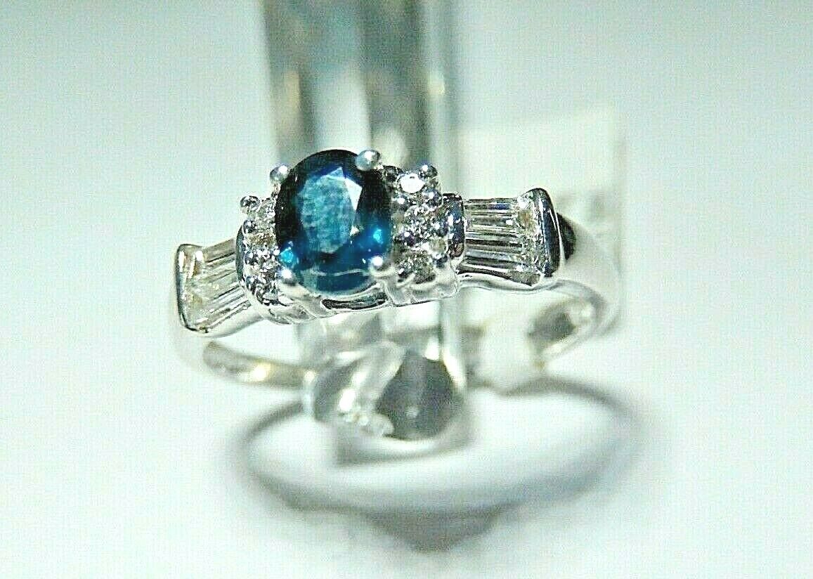 *NWT* 14K White Gold Natural Blue Sapphire & Baguette Cut Diamond  Ring Sz 7.25