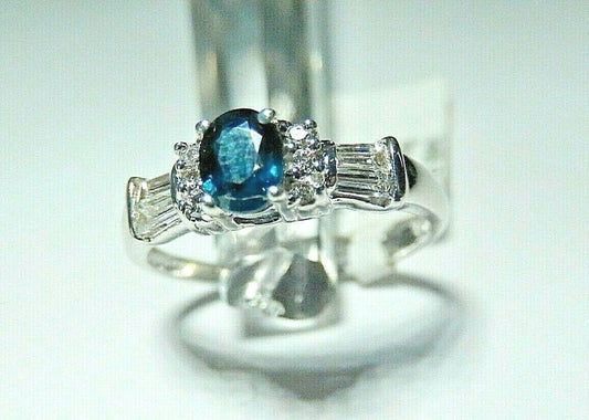 *NWT* 14K White Gold Natural Blue Sapphire & Baguette Cut Diamond  Ring Sz 7.25