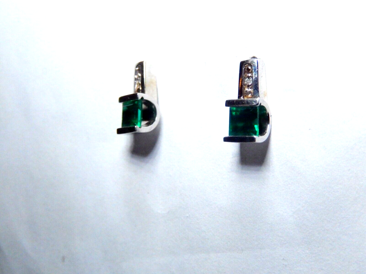 *VINTAGE*  10k White Gold Lab Created Emerald and Diamond Earrings