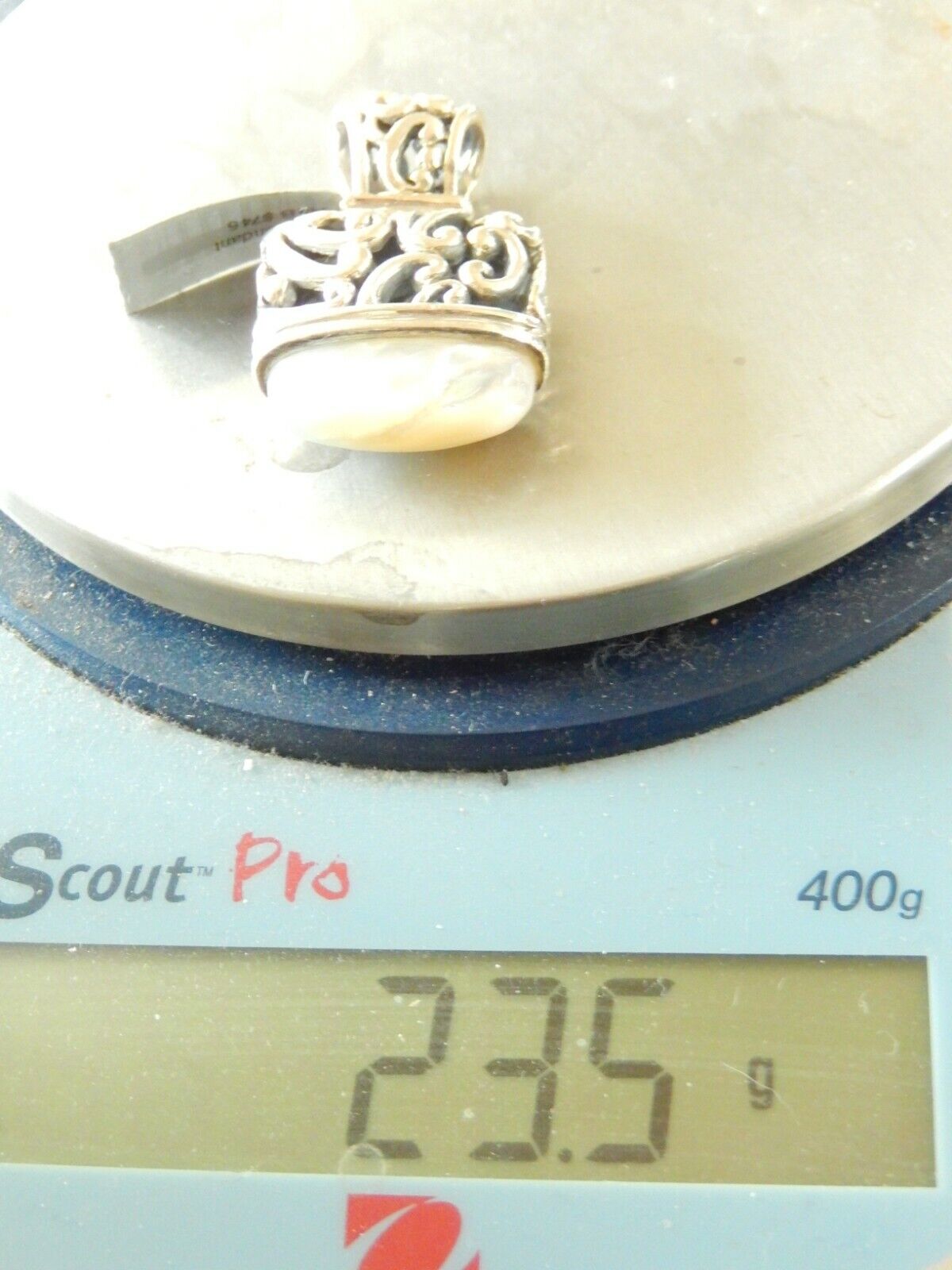 *VINTAGE* Sterling Silver Filigree Swirl Rectangle Mother of Pearl Pendant  23gm