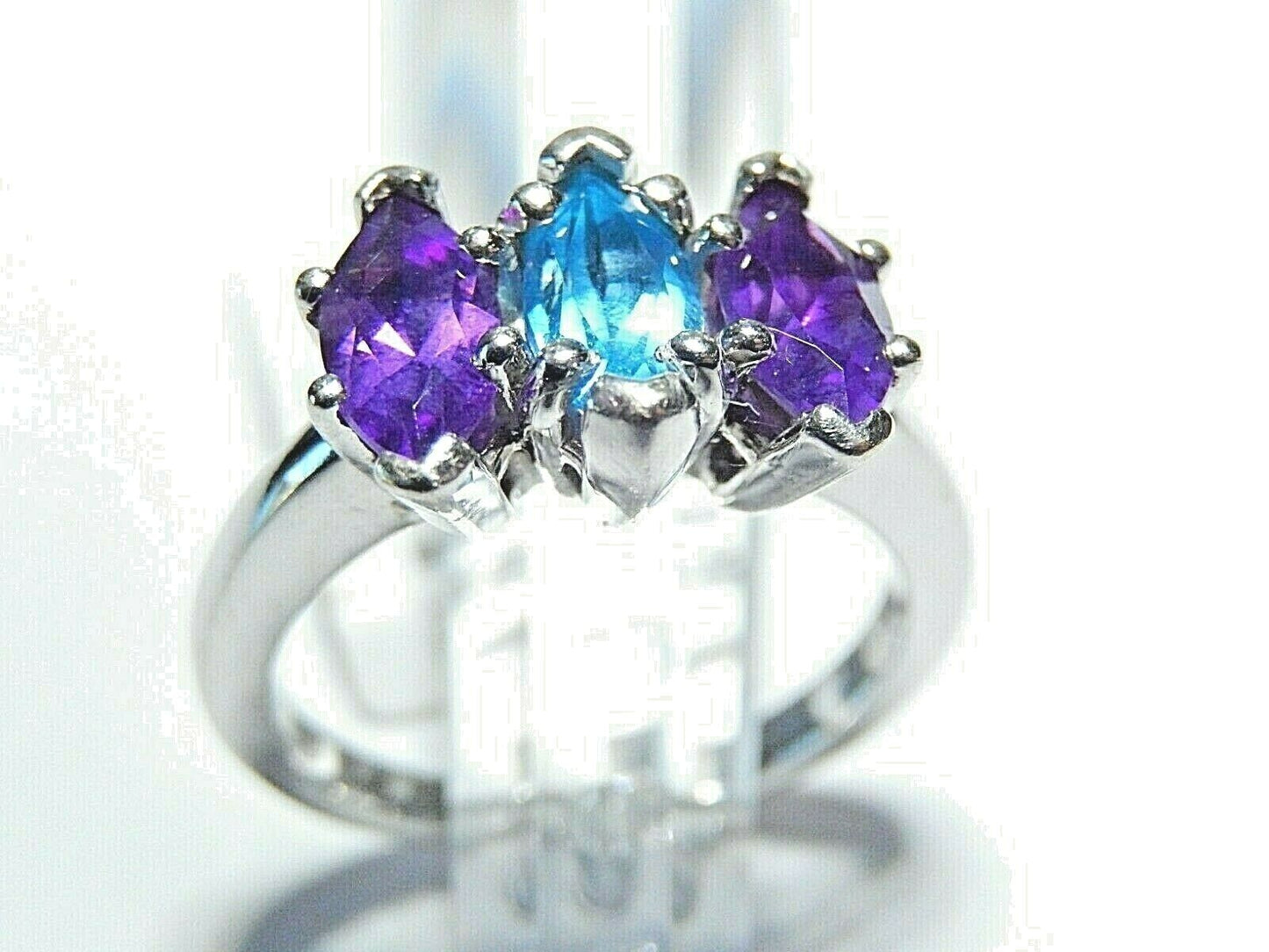 *VINTAGE*  14K White Gold Genuine 1.25CT Amethyst & Blue Topaz Ring Size 6.75