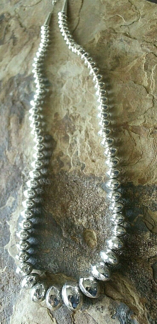 24mm Hand Stamp Bench Navajo Pearls Graduated Sterling Silver Bead Necklace 28"