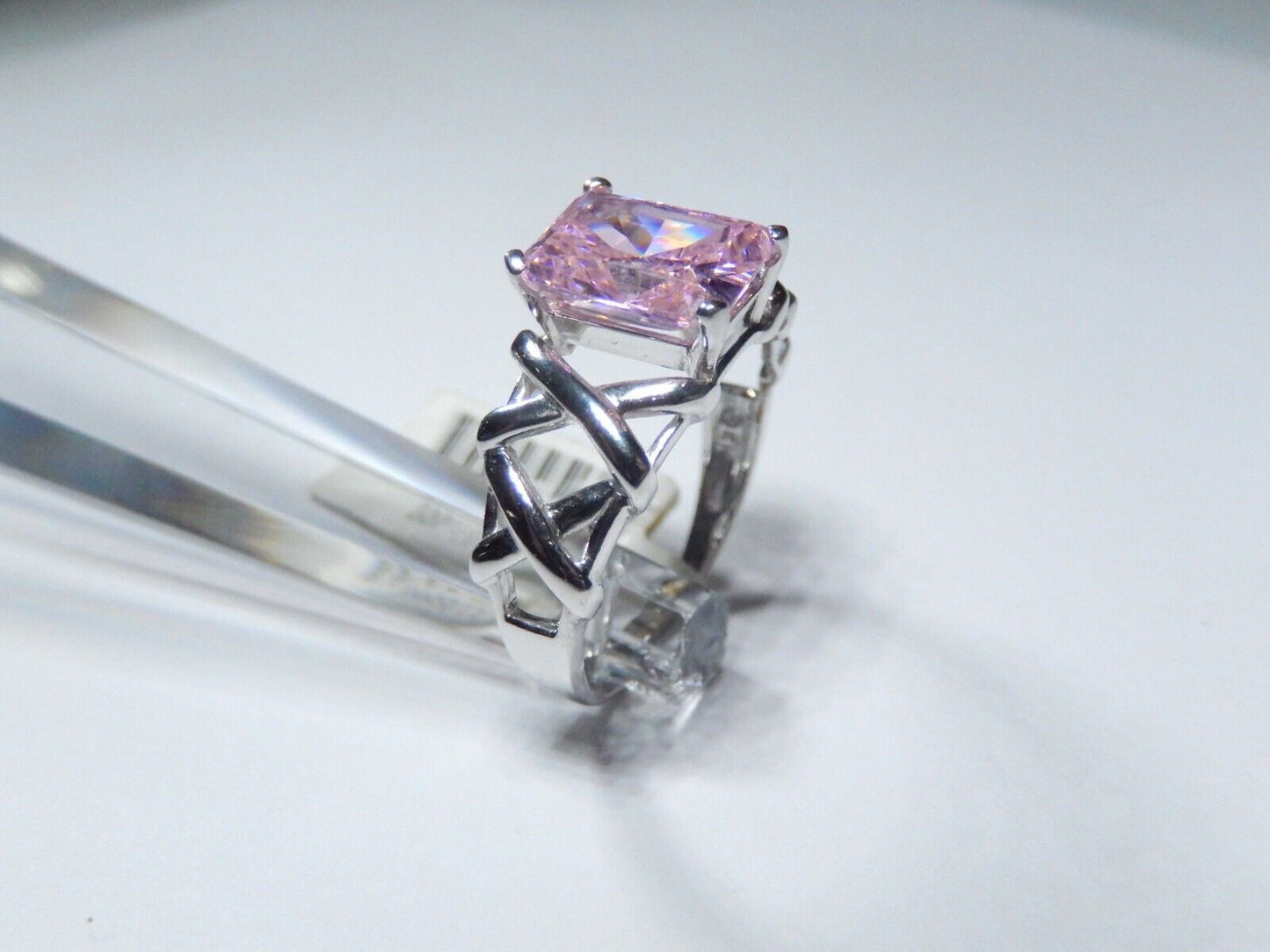 10K White Gold 3.00 CT  Pink CZ Emerald Cut Ring Size 9.25