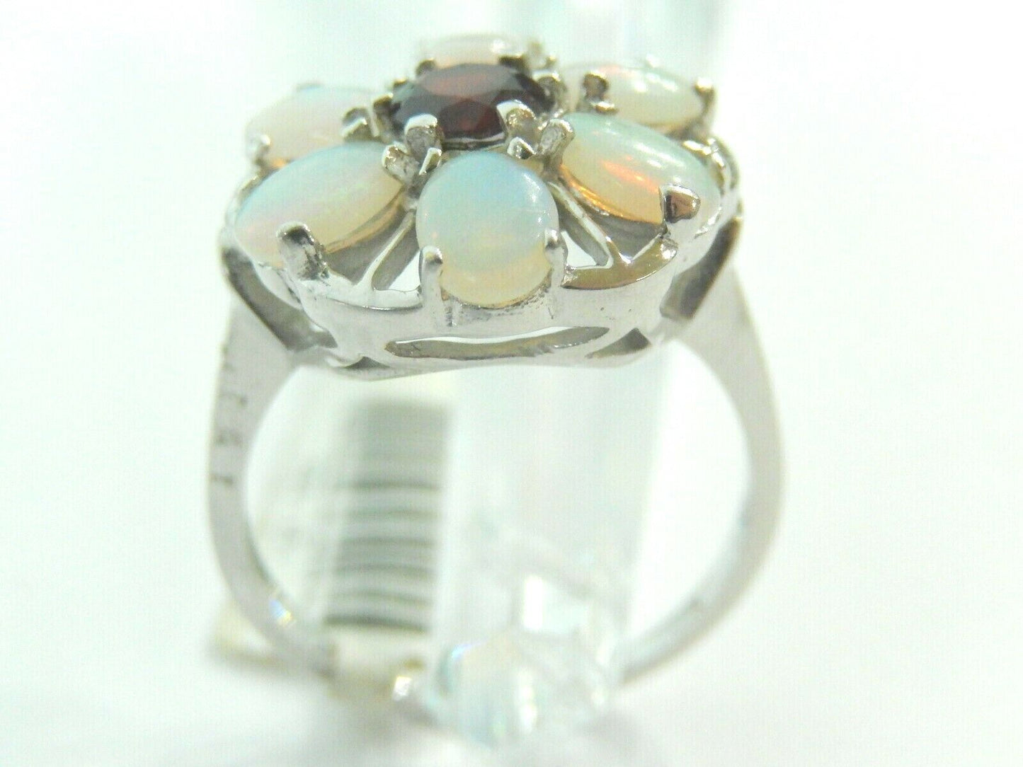 Luxury 14K White Gold Womens 3CT Fiery Opal & Garnet Cluster Ring Sz 8.75