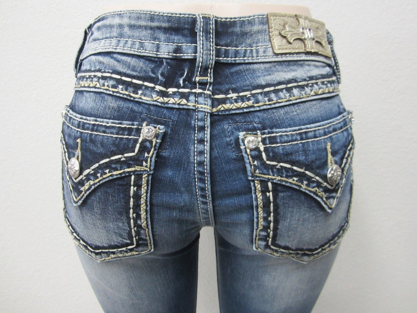 NWT MISS ME M5014S270 CuteSkinny Jeans Med Blue Gold Stitching CUTE Size 24 x 30