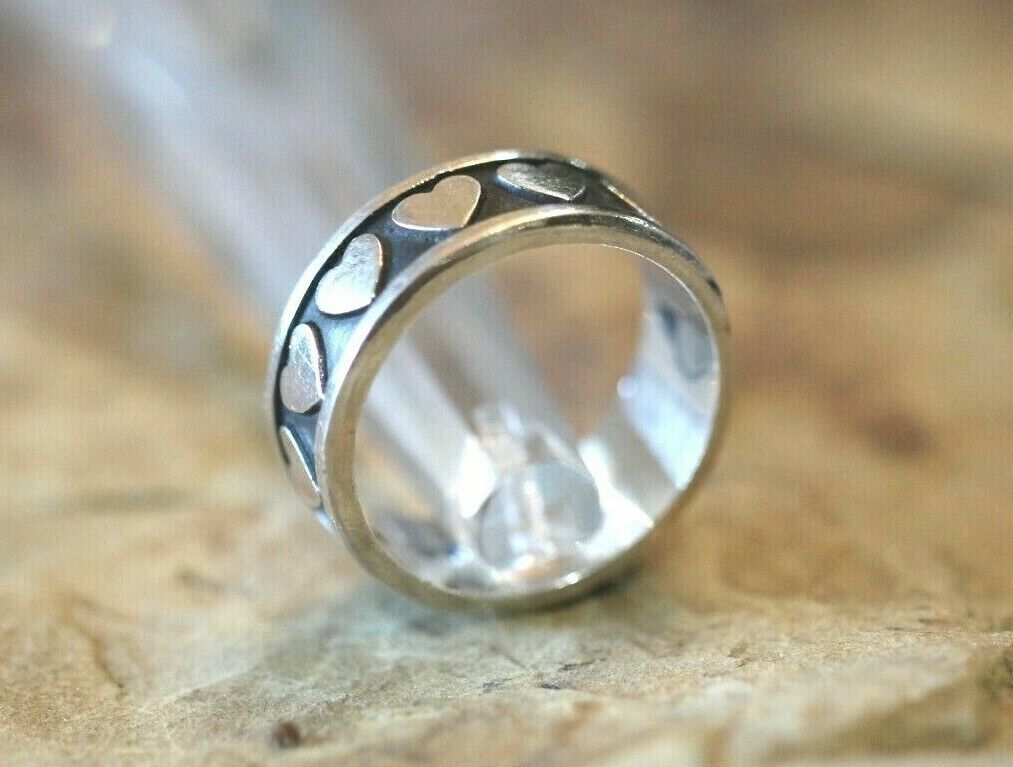 *VINTAGE* MEXICO  TAXCO  STERLING SILVER HEARTS BAND RING 925  Size 10.75