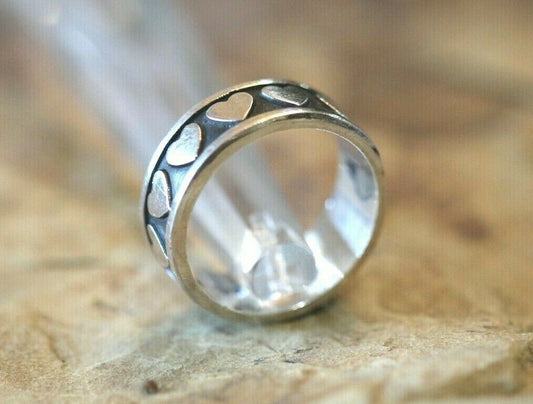 *VINTAGE* MEXICO  TAXCO  STERLING SILVER HEARTS BAND RING 925  Size 10.75