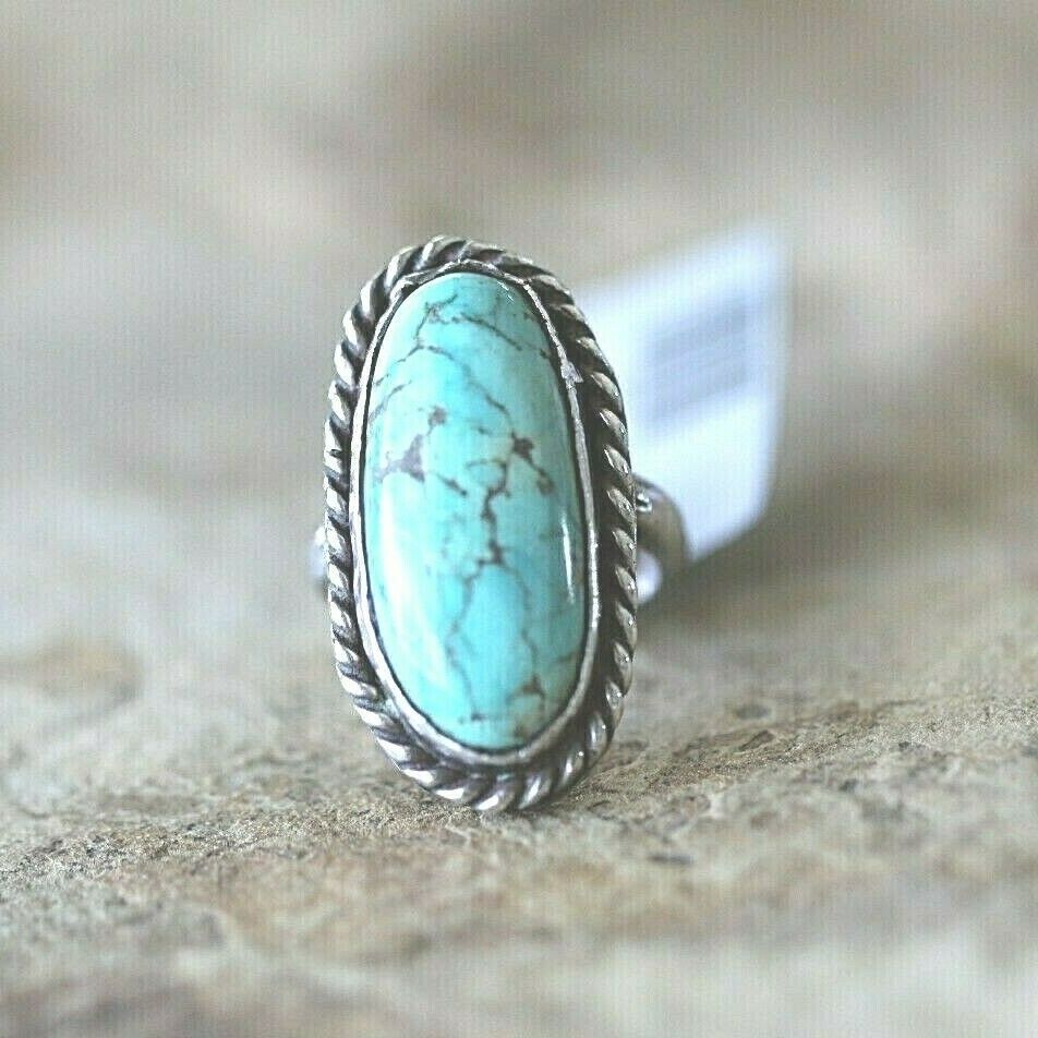 *VINTAGE* Handmade Native American Green Turquoise Sterling Silver Ring Size 3.5