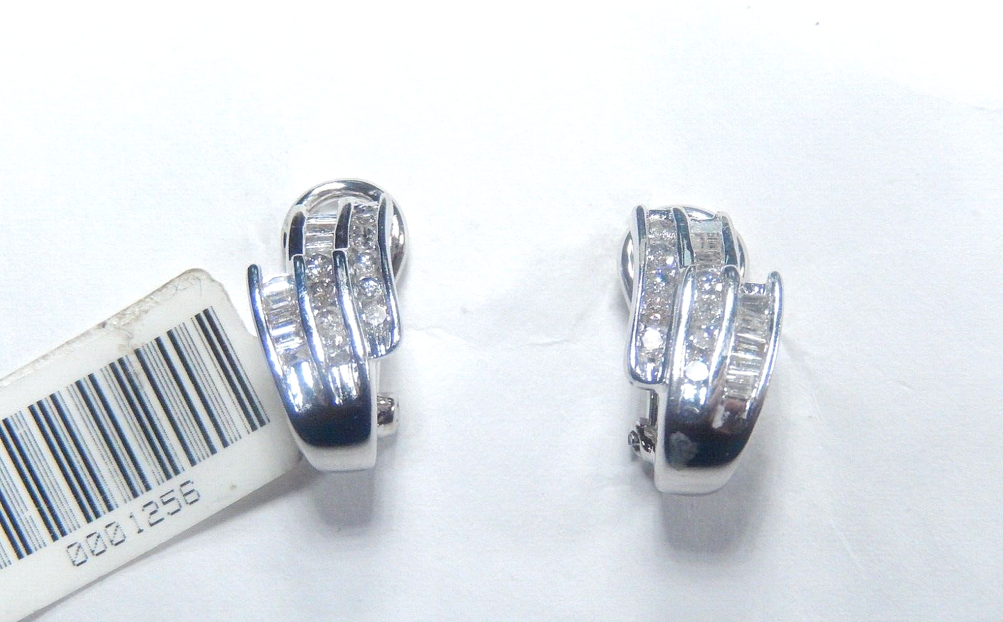 14K White Gold .33CT Round & Baguette Natural Diamond Hoop Leverback Earrings