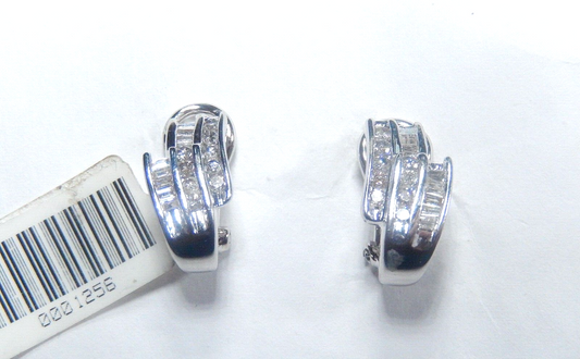 14K White Gold .33CT Round & Baguette Natural Diamond Hoop Leverback Earrings