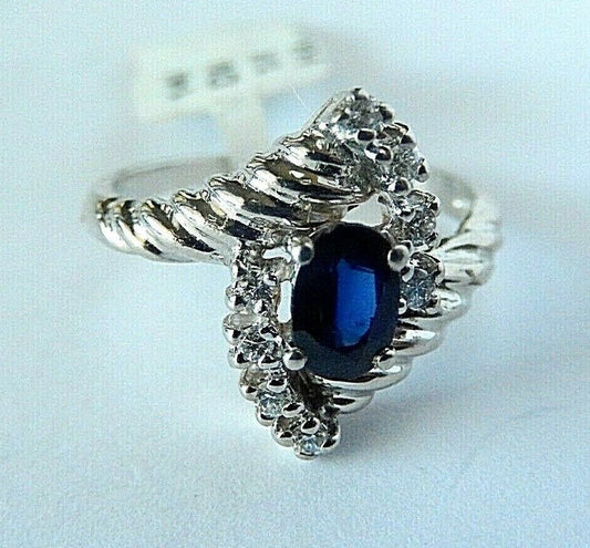 Ladies 14K White Gold Natural Blue Sapphire & Diamond Ring Size 6.75