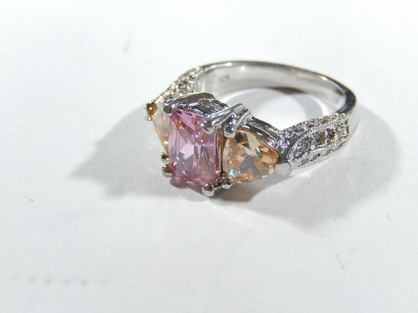 Radiant & Triangle Cut Pink Cubic Zirconia Engagement Ring  Sterling Silver Sz 7