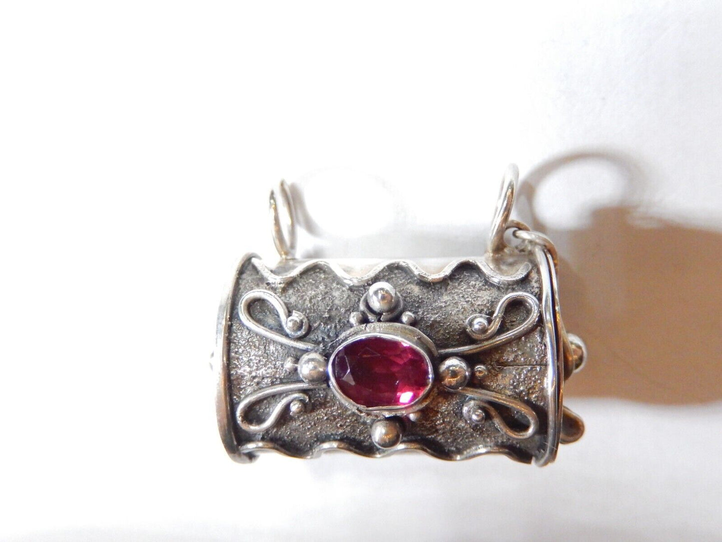 *VINTAGE*   925 Sterling Silver Garnet Poison Pill Box Locket Pendant