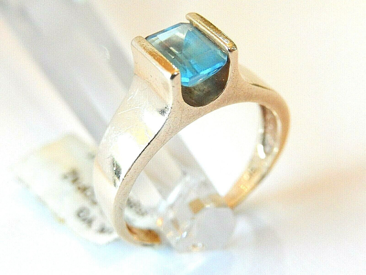 Ladies 10k Yellow Gold Emerald Cut Swiss Blue Topaz Ring Sz 8.5