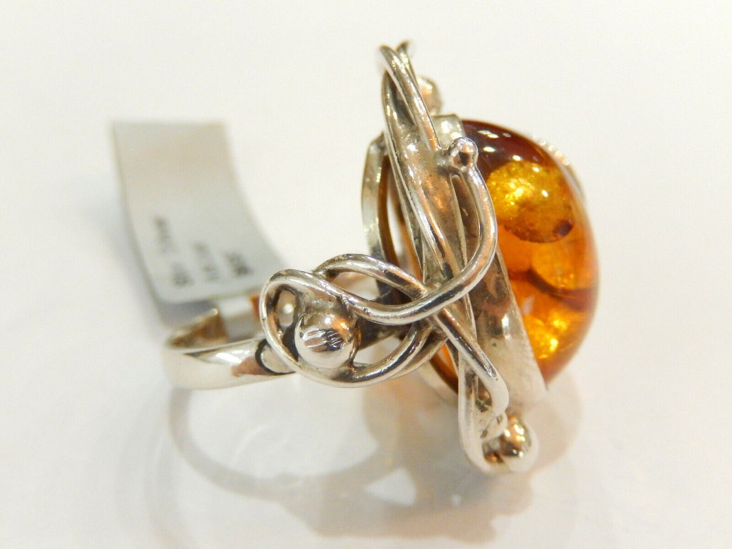 *VINTAGE* Handmade  LARGE Custom Sterling Silver Baltic Amber Oval Ring Size 7.5