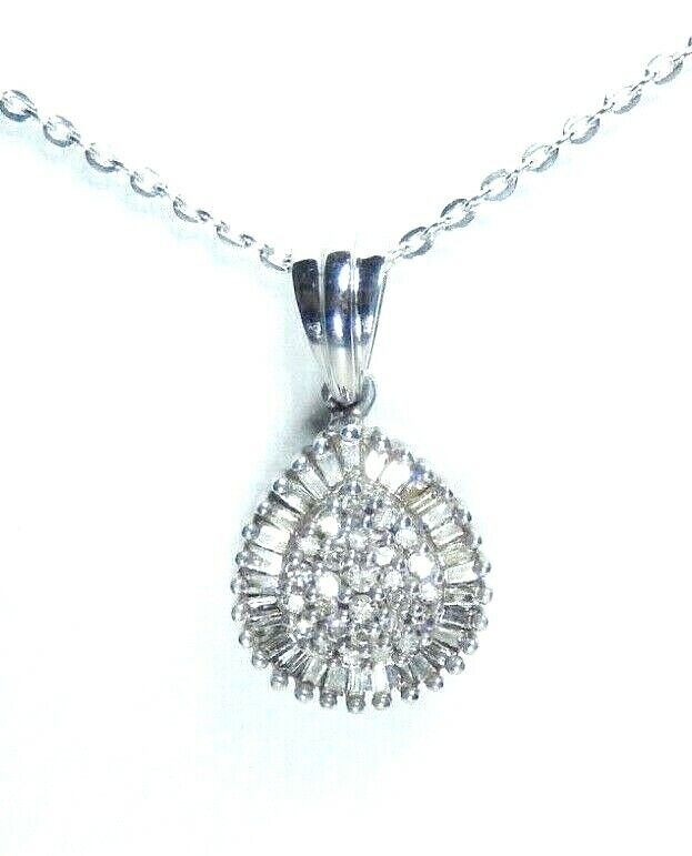 *NWT*  3/4 Ct Round & Baguette Diamond 10K White Gold Cluster Pendant Necklace