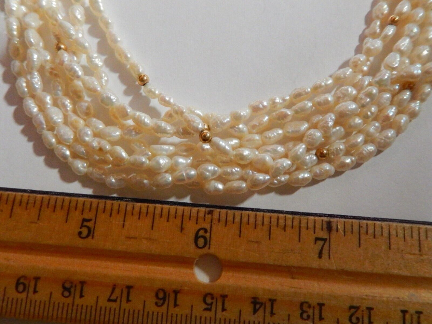 14K Solid Gold Bead Accent 7 Strand Freshwater Rice Pearl Necklace 18"”