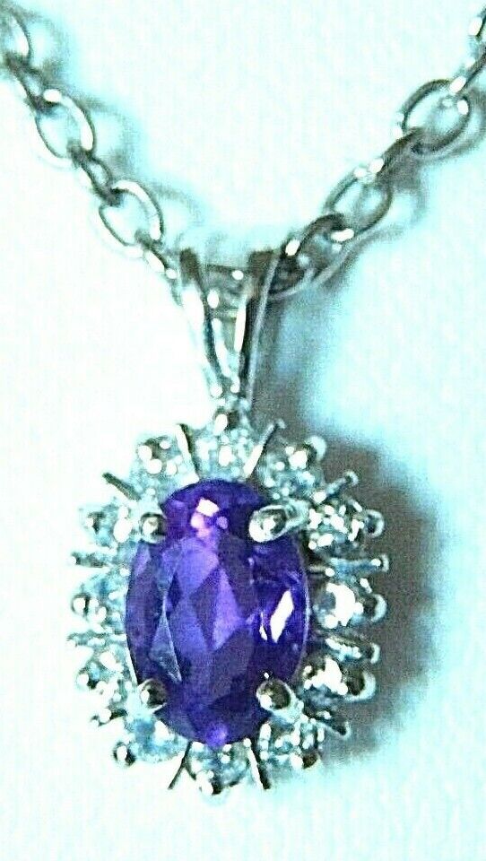 *NWT* 10K White Gold Oval Amethyst & Diamond Halo Pendant Necklace w/18" Chain