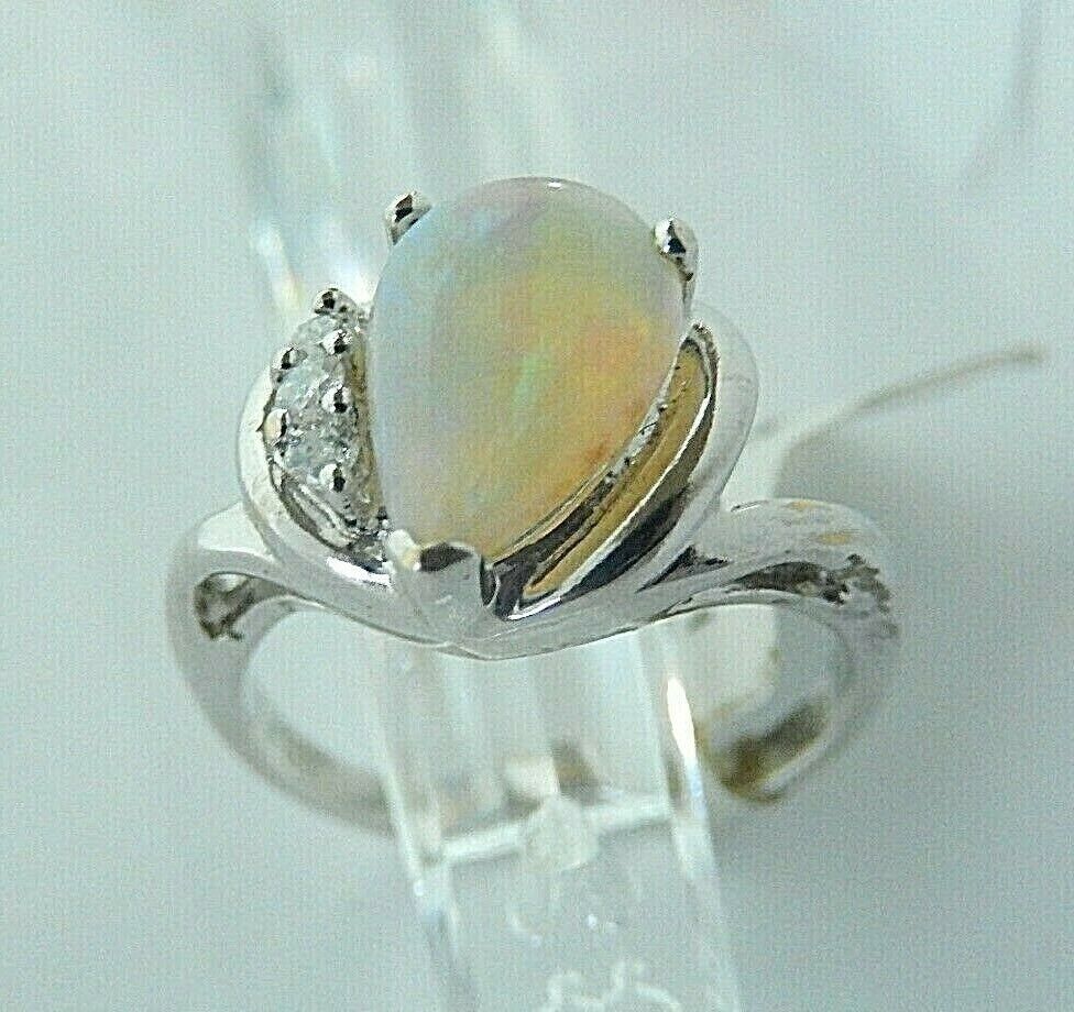 14k White Gold  Colorful Natural .75ct Pear Shape Opal & Diamond Ring Size 6.5