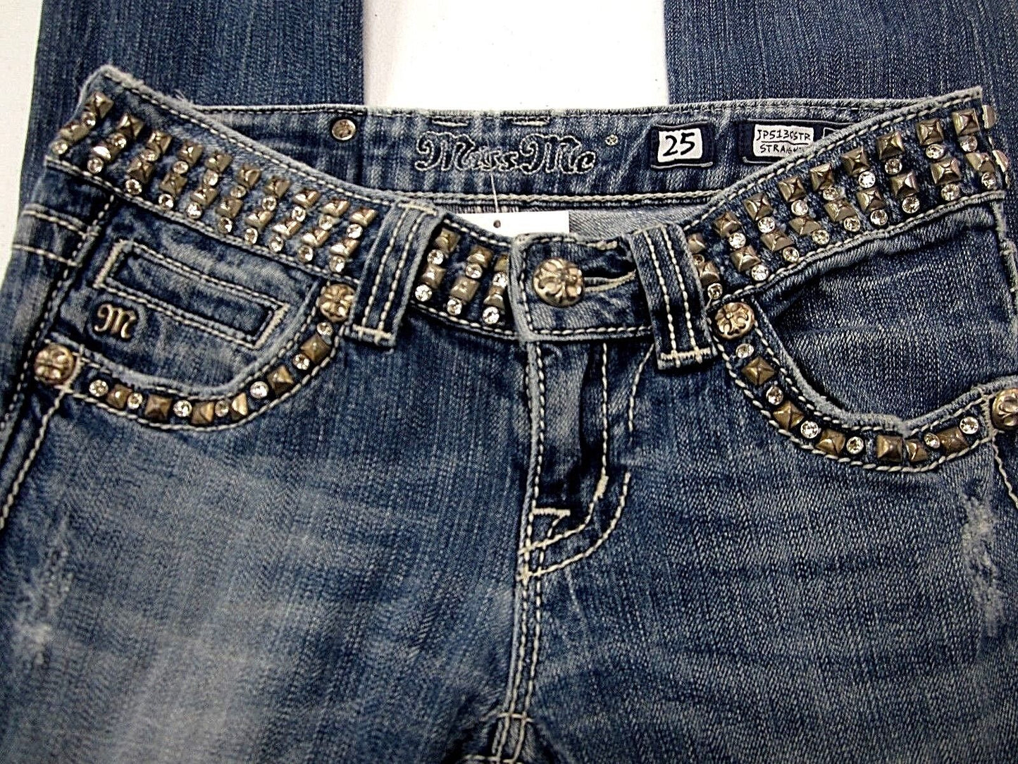 NICE Miss Me jeans JP5130STR  Straight Leg Studded Waistband Med Wash Sz 25 x 31