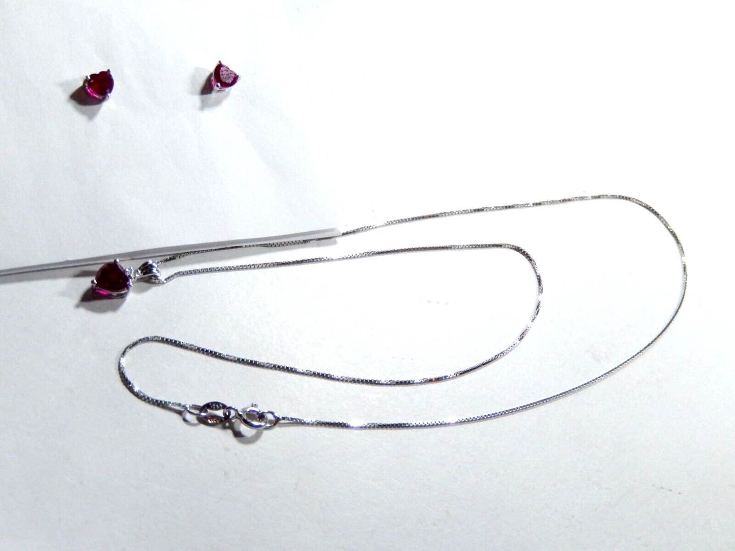 10K White Gold  Lab Created  Ruby Heart Pendant Necklace &Earring Set w/18"chain