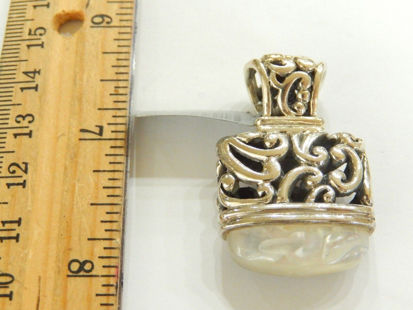 *VINTAGE* Sterling Silver Filigree Swirl Rectangle Mother of Pearl Pendant  23gm