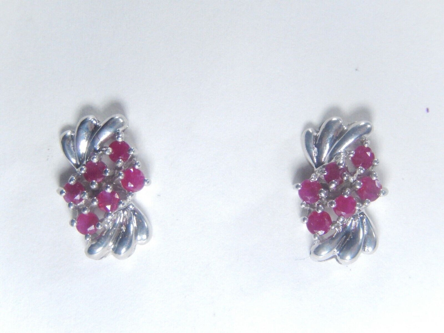 *VINTAGE*  14k White Gold Natural Ruby Floral Post Earrings 12 mm x 8 mm