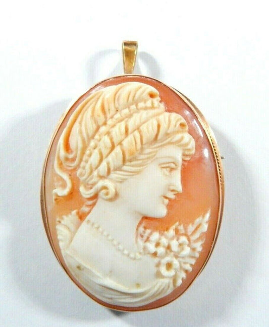 Beautiful VINTAGE 14k Gold Large Carved Shell Cameo Brooch Pin or Pendant