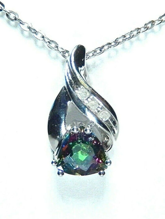 *NWT*  10k White Gold Mystic Topaz Trillion & Diamond Pendant and 18'' Chain