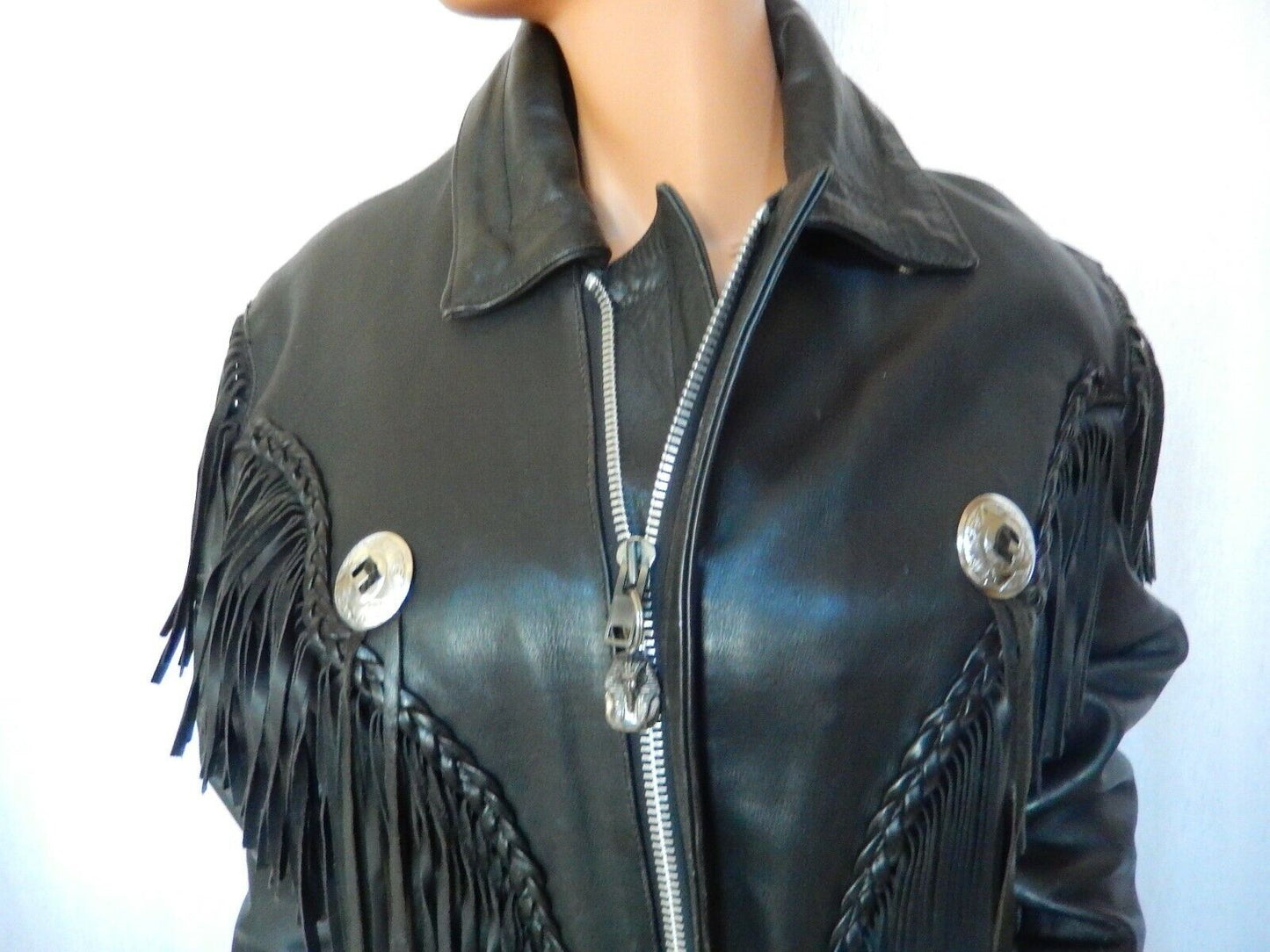 *VINTAGE* Mens Biker Motorcycle Black Heavy Leather Insulated Fringe Jacket Sz S
