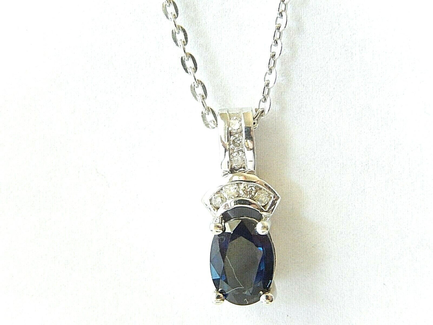 14k White Gold Natural Blue Sapphire & Diamond Pendant Necklace with 18" Chain