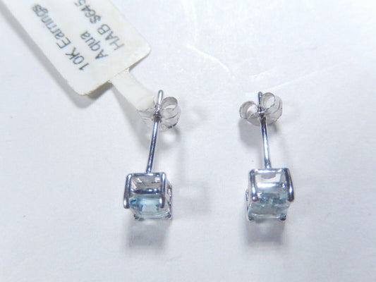 10k White Gold 5mm x 4mm Natural Emerald Cut Aquamarine Earrings Studs
