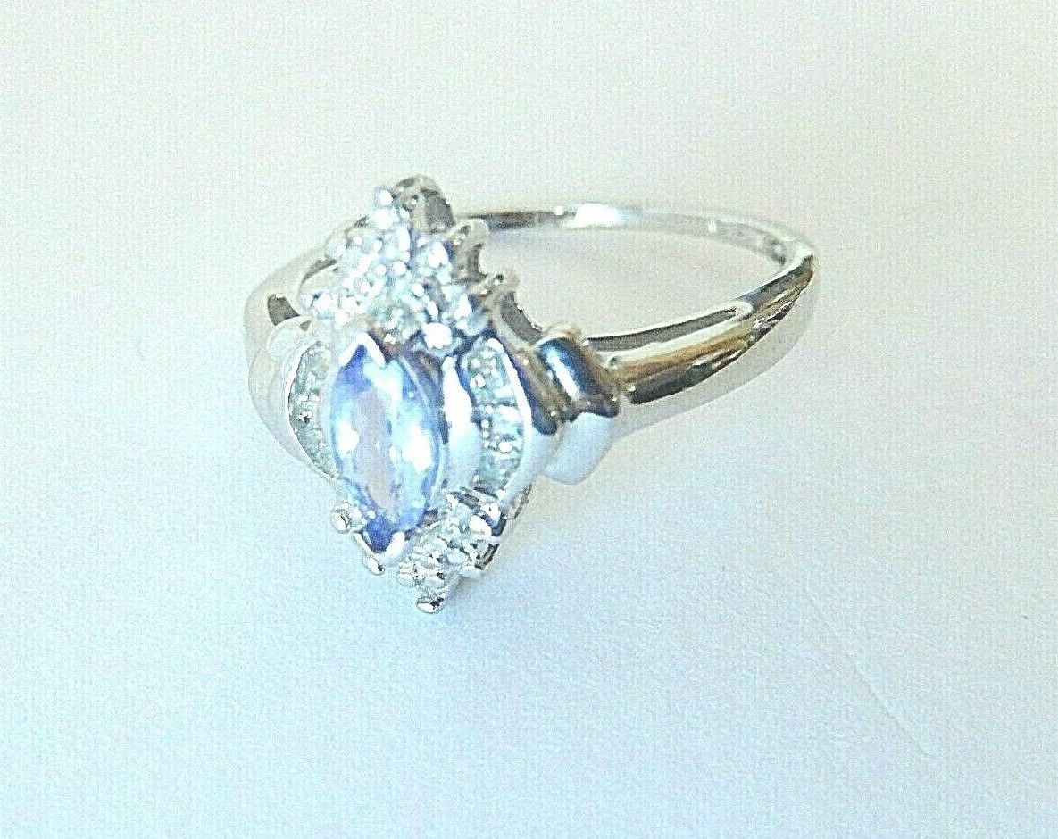 10k White Gold Marquise Tanzanite & Diamond Halo Style Ring  Size 7.5